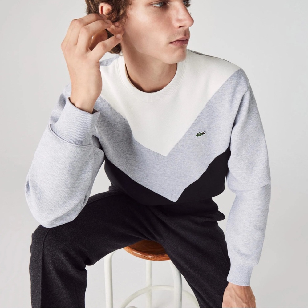 Lacoste Colorblock Chevron Sweatshirt in cream, heather gray and black.
